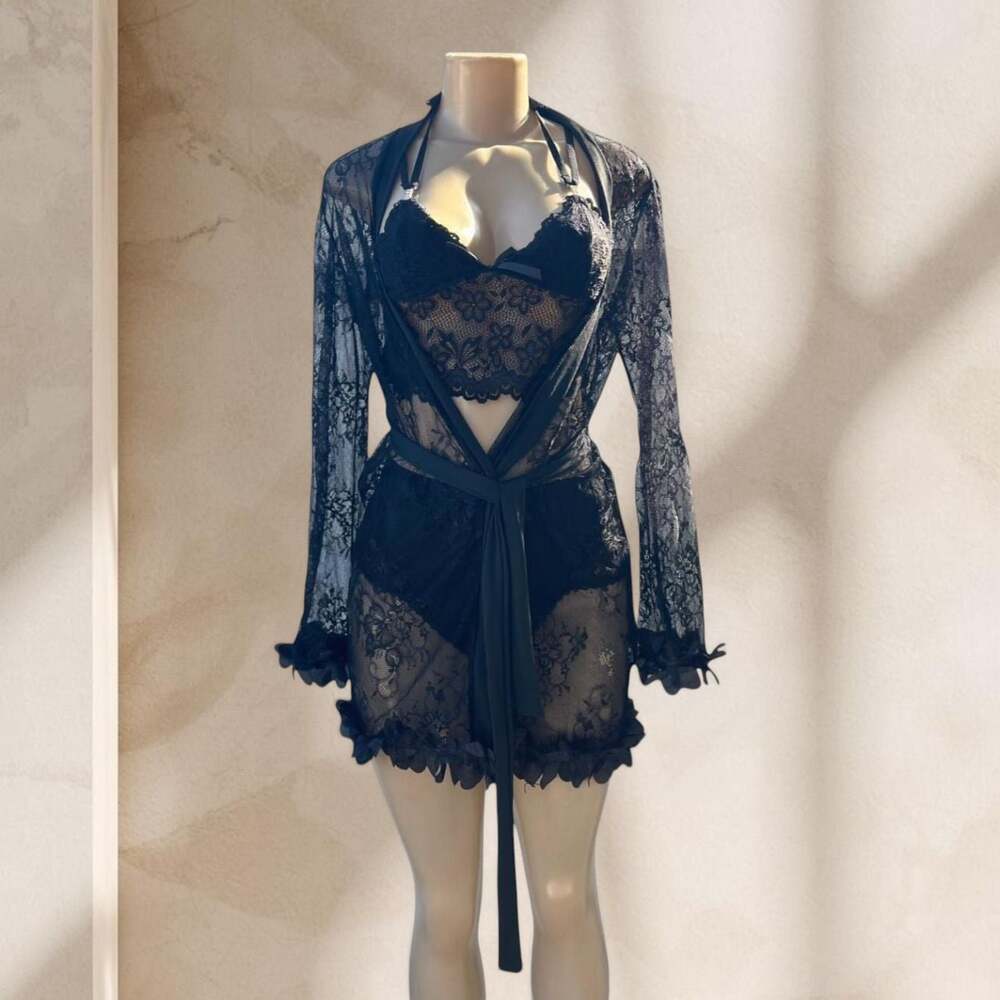 Black Lace Lingerie Set – Bralette, Panty & Sheer Robe 3 Piece Sexy Elegant ✧ M - Picture 2 of 5